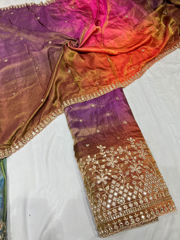 4d ombre lehnga with real mirror coading boundary embroidery