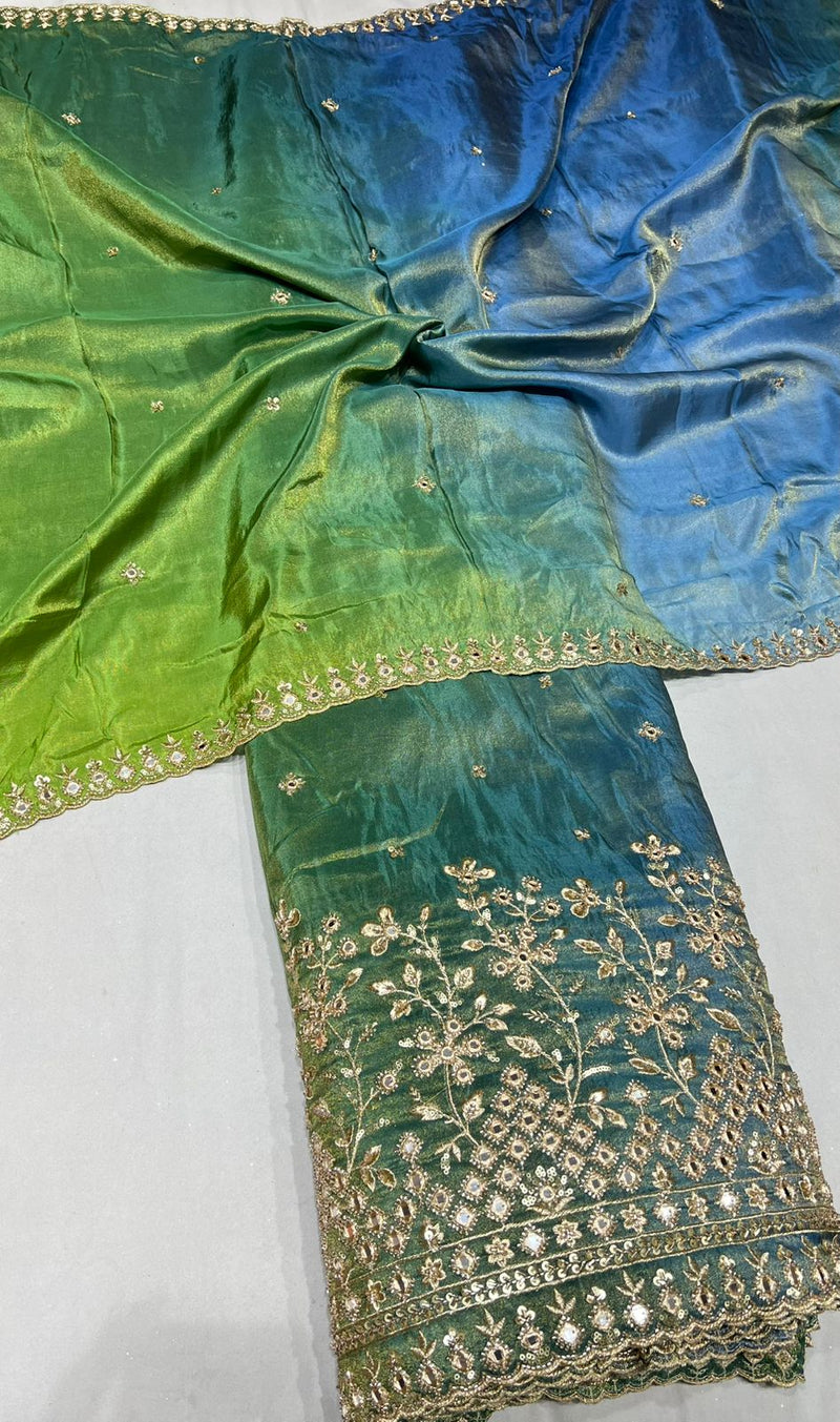 4d ombre lehnga with real mirror coading boundary embroidery