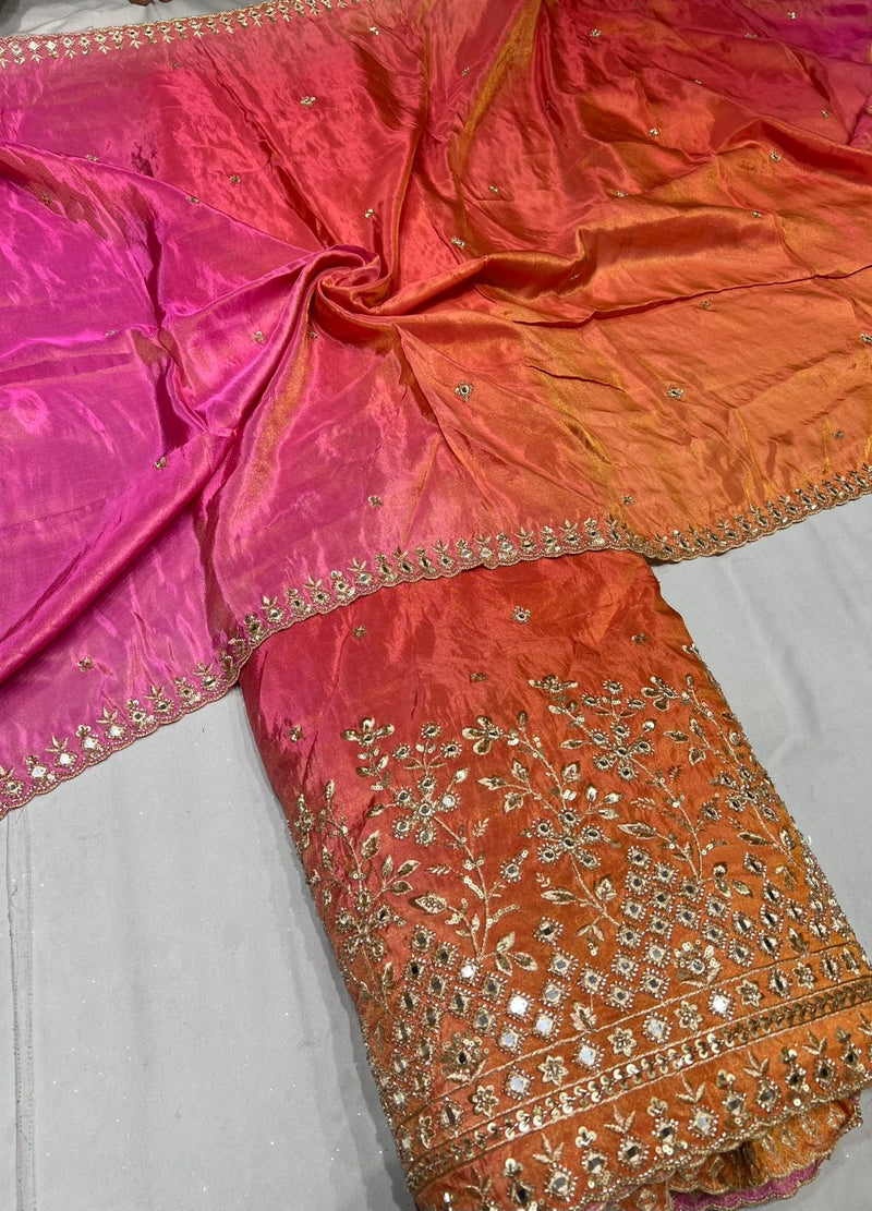 4d ombre lehnga with real mirror coading boundary embroidery