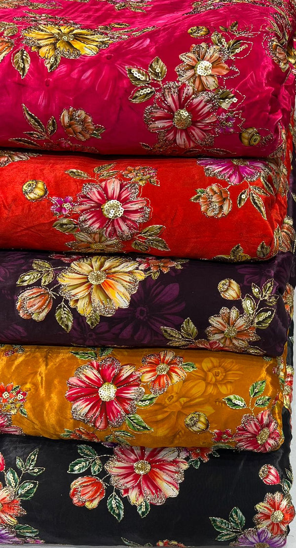 Pure crepe Position print embroidery