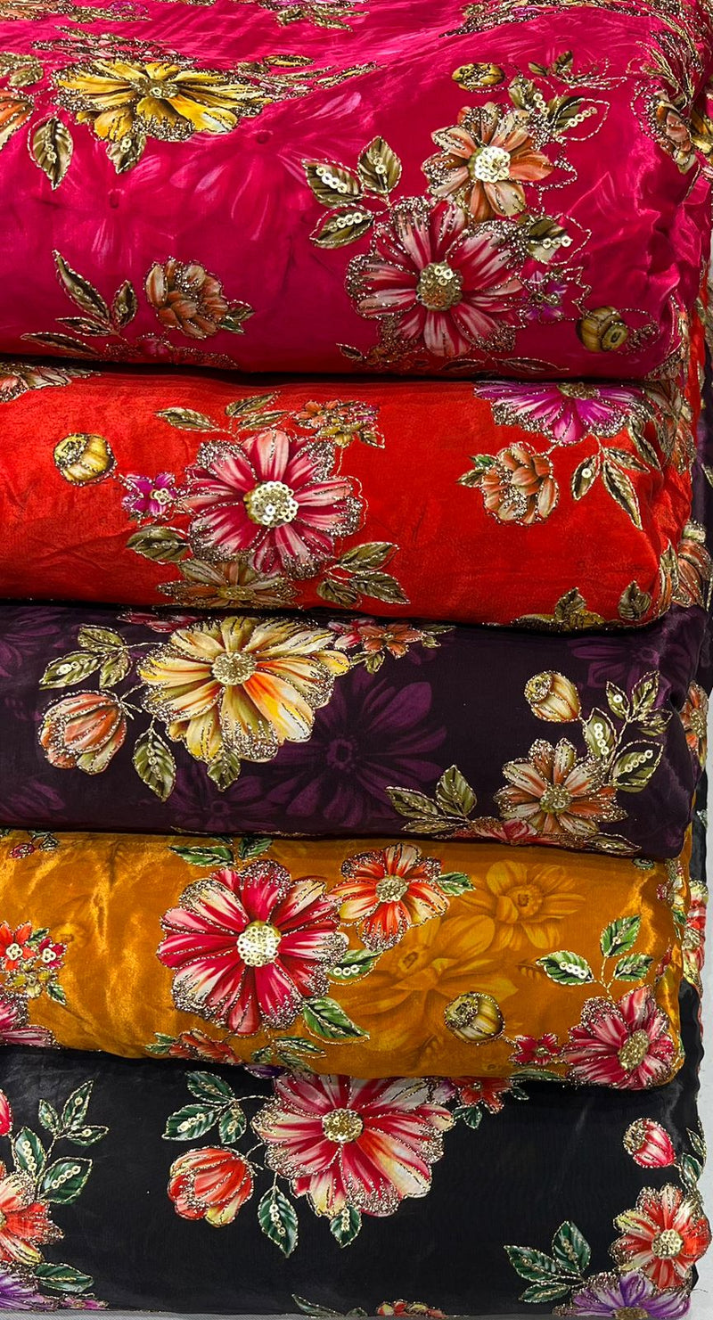 Pure crepe Position print embroidery