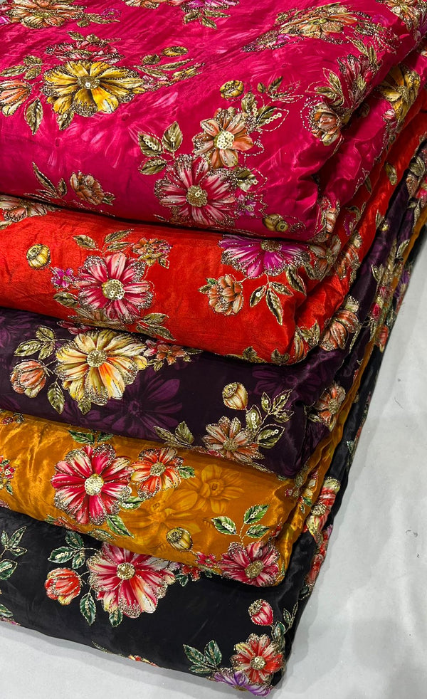 Pure crepe Position print embroidery