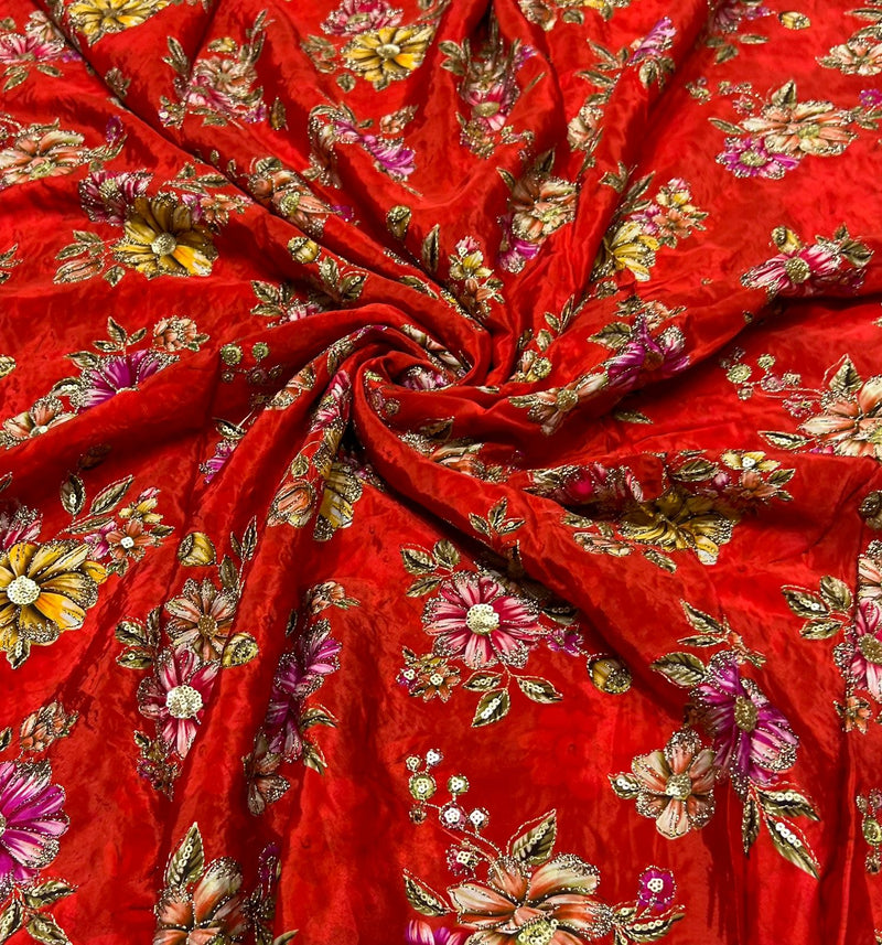 Pure crepe Position print embroidery