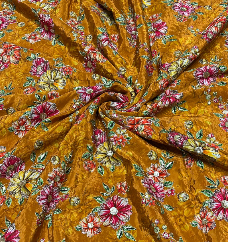 Pure crepe Position print embroidery