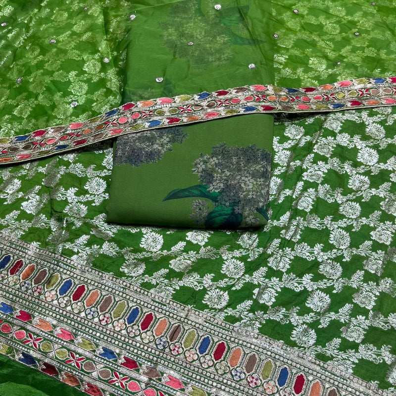 Dola Silk Weaves + Embroideries border & Organza Dupatta & Georgette Prints